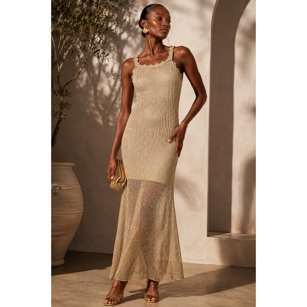 Toccin Scalloped Square Neck Metallic Lurex Crochet Midi Dress Gold S